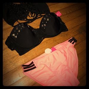 3piece Black PushUpFringe & CoralBikini Set Medium